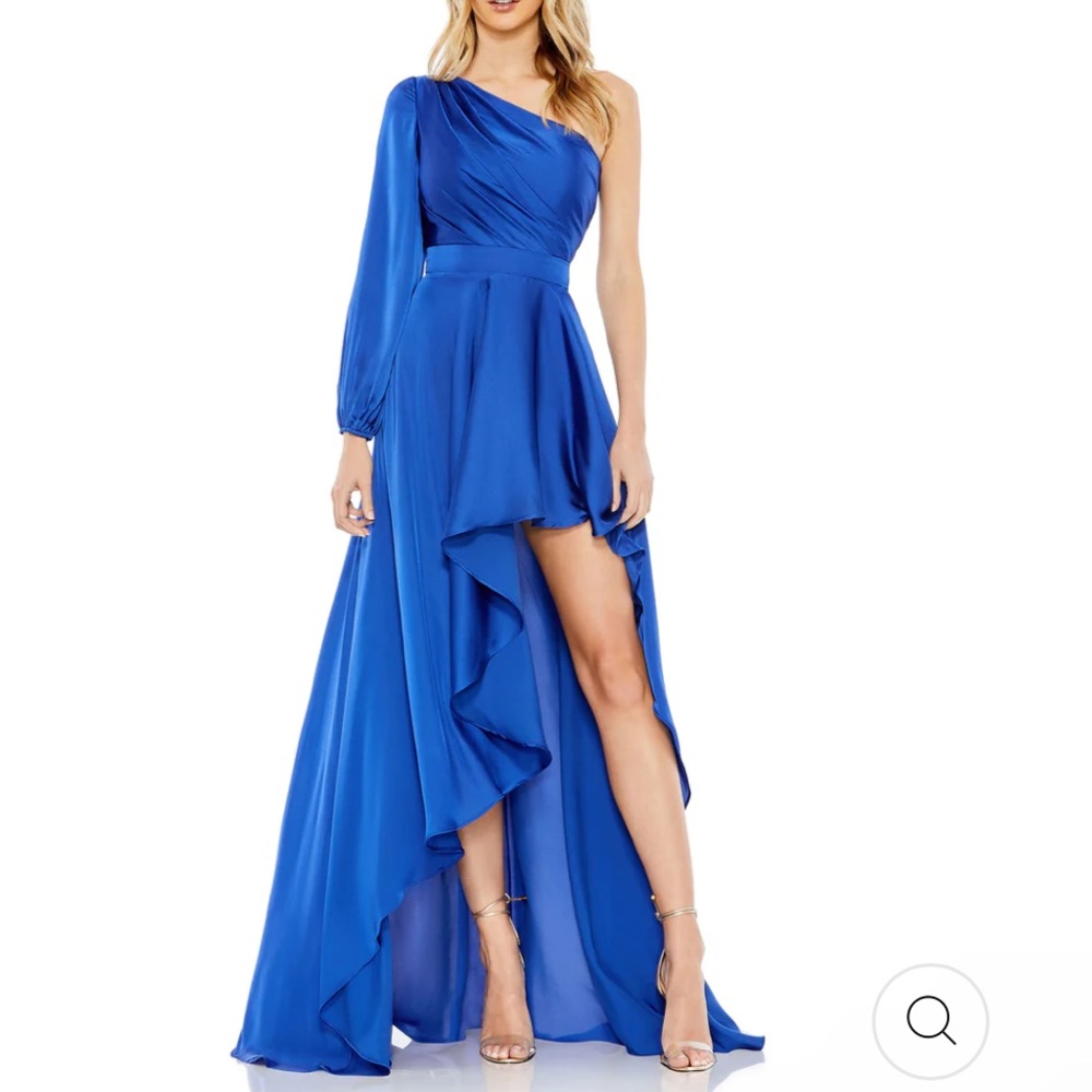Mac Duggal Cobalt Blue High Low One Shoulder Flowy Satin Maxi Gown 4 NWT